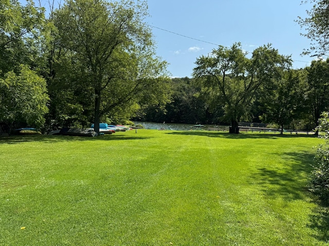 view of yard with a water view and a forest view