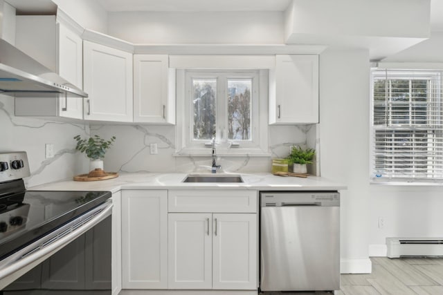 kitchen featuring a baseboard heating unit, sink, white cabinetry, wall chimney range hood, and stainless steel appliances