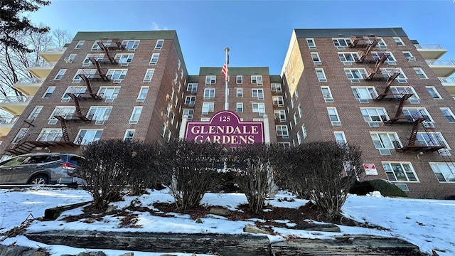 view of snow covered building