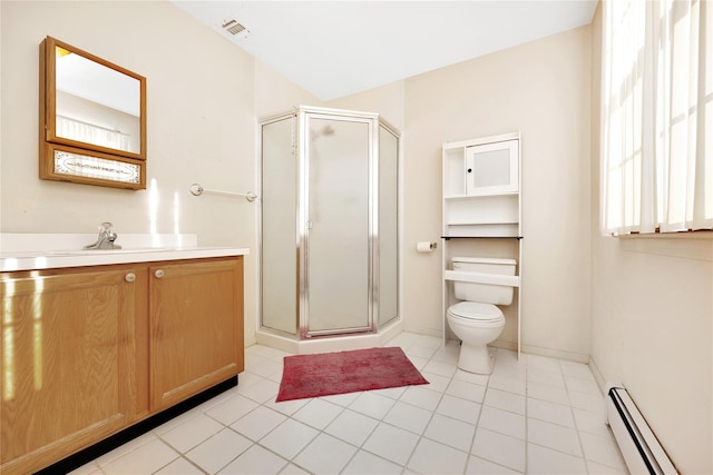 bathroom featuring baseboard heating, walk in shower, and tile patterned flooring