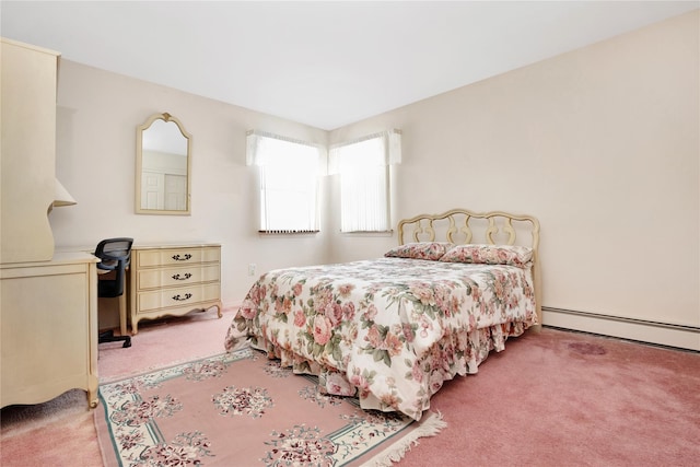 carpeted bedroom with a baseboard radiator