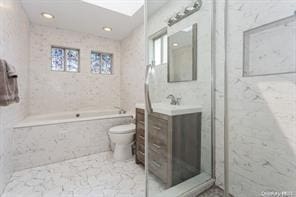 bathroom with toilet, tiled tub, and vanity