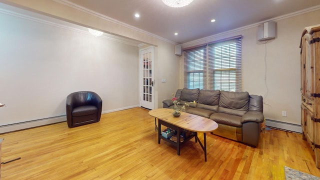 living room featuring a baseboard radiator, ornamental molding, light hardwood / wood-style floors, and an AC wall unit