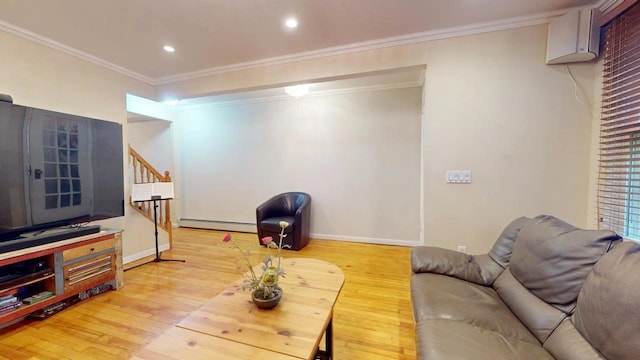 living room featuring crown molding, a baseboard radiator, and hardwood / wood-style flooring