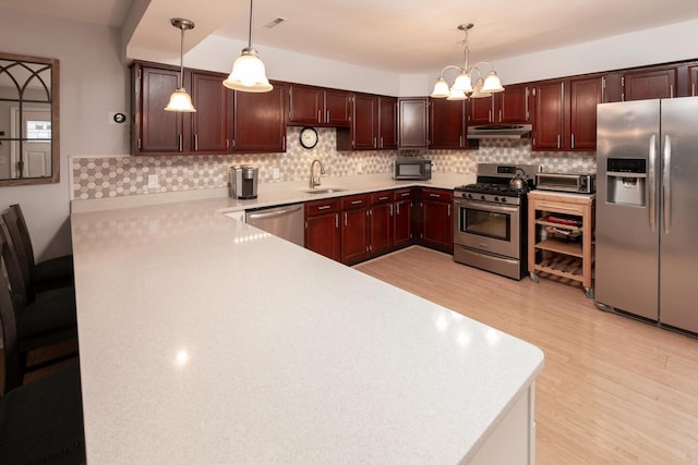 kitchen featuring under cabinet range hood, a sink, backsplash, stainless steel appliances, and light countertops