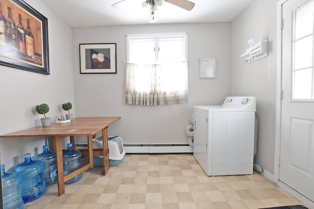 washroom featuring ceiling fan, a baseboard heating unit, and washer / clothes dryer