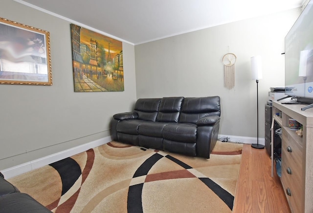 living room with hardwood / wood-style flooring and ornamental molding