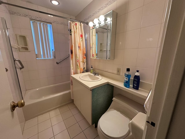 full bathroom featuring shower / bathtub combination with curtain, tile patterned floors, vanity, tile walls, and toilet