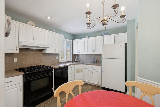 kitchen with decorative light fixtures, white cabinets, tasteful backsplash, black appliances, and an inviting chandelier