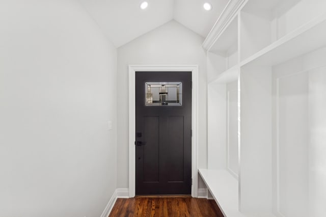 mudroom featuring lofted ceiling and dark wood-type flooring