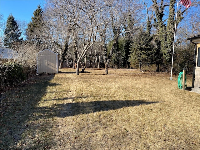 view of yard with an outdoor structure and a shed