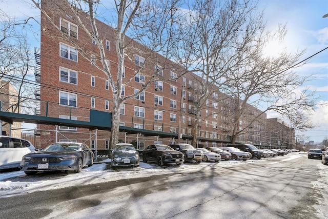 view of snow covered building