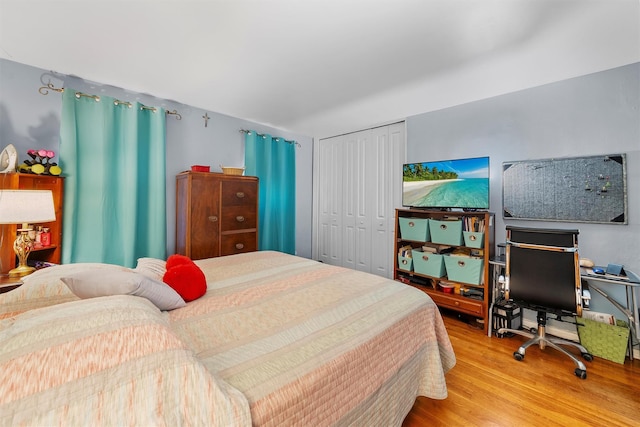 bedroom with hardwood / wood-style flooring and a closet