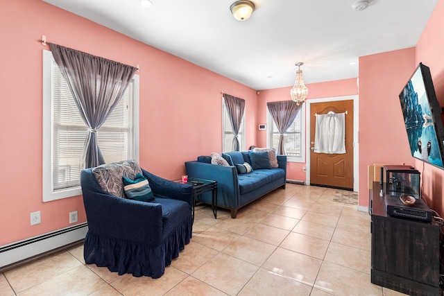 tiled living room featuring a baseboard heating unit