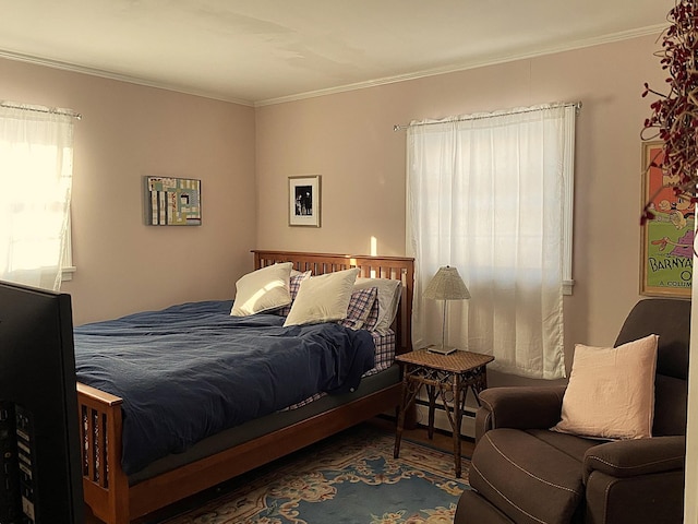 bedroom with crown molding and baseboard heating