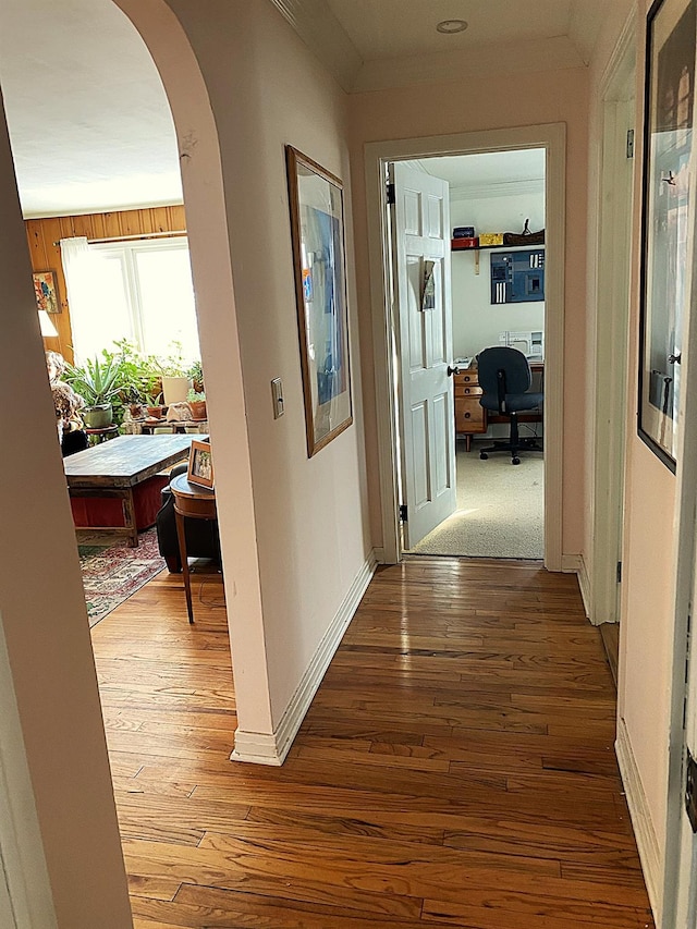 hallway featuring crown molding and hardwood / wood-style floors