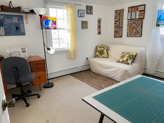 interior space featuring baseboard heating and crown molding