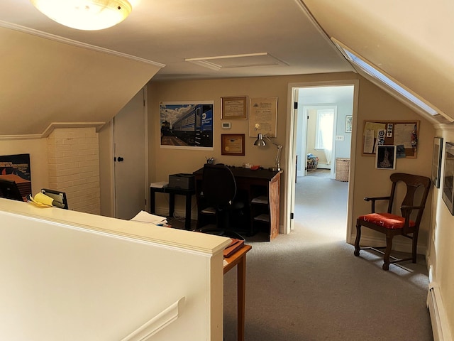 carpeted living room featuring ornamental molding, baseboard heating, and lofted ceiling