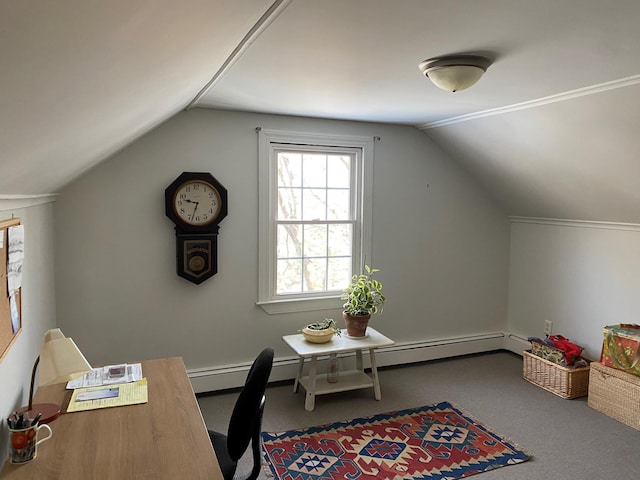 home office featuring baseboard heating, carpet flooring, and vaulted ceiling