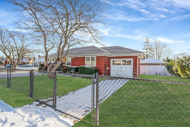 ranch-style home with a garage and a front lawn