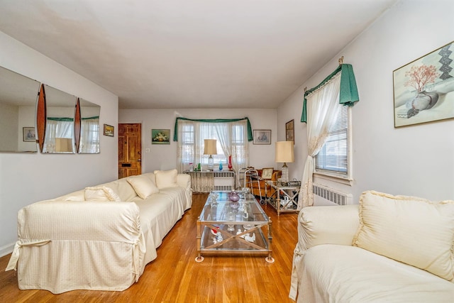 living room featuring wood-type flooring, radiator heating unit, and a wealth of natural light