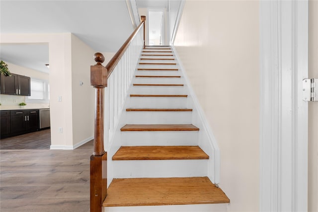 staircase with wood-type flooring