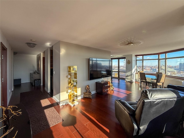 living room with dark hardwood / wood-style floors