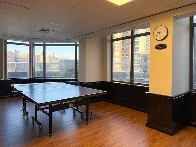 rec room featuring wood-type flooring, a paneled ceiling, and a wealth of natural light