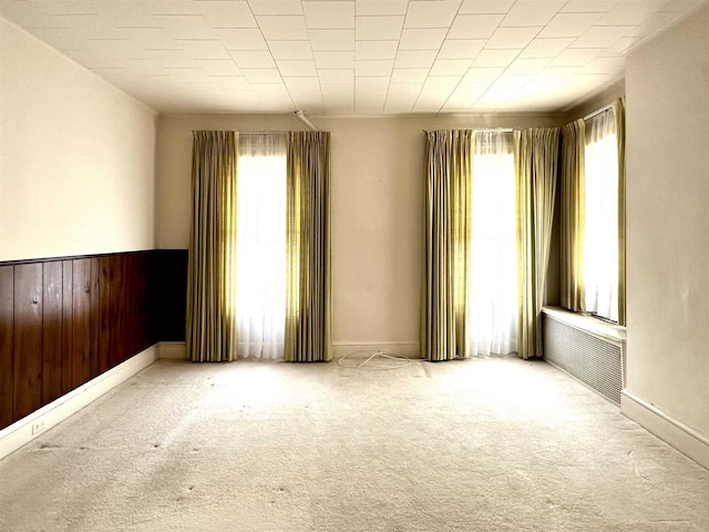 carpeted spare room featuring wood walls