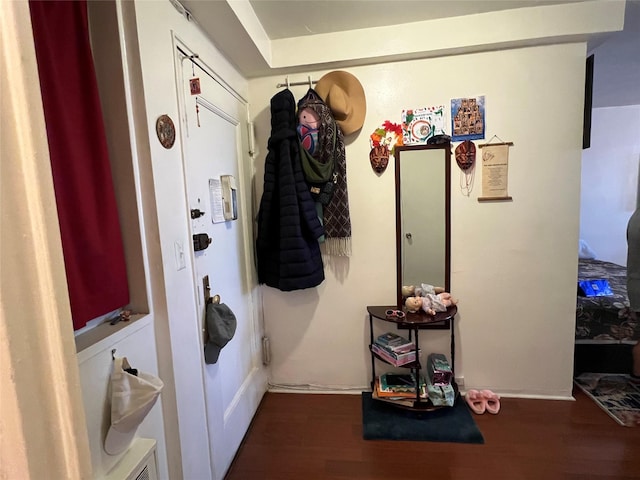 clothes washing area with dark hardwood / wood-style flooring