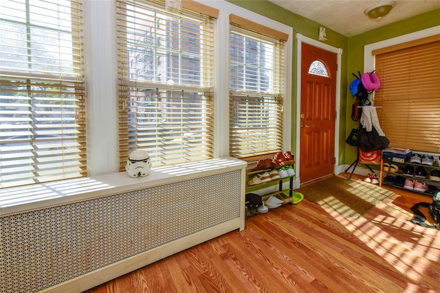 foyer with wood-type flooring and radiator heating unit