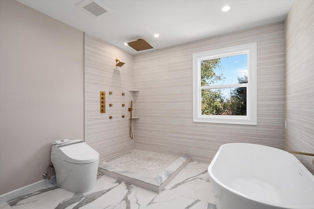 bathroom featuring toilet and plus walk in shower