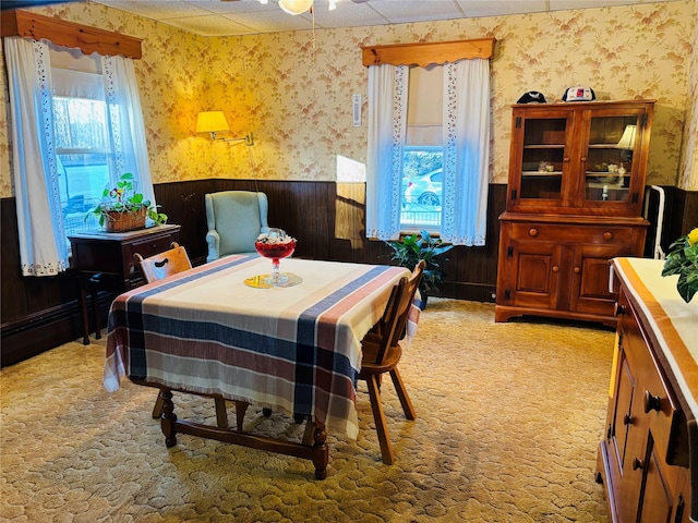 carpeted dining space featuring wooden walls