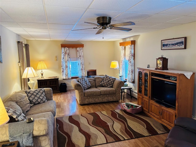 living room with wood-type flooring, a drop ceiling, and ceiling fan