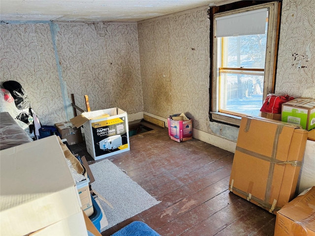 misc room with wood walls and dark hardwood / wood-style flooring