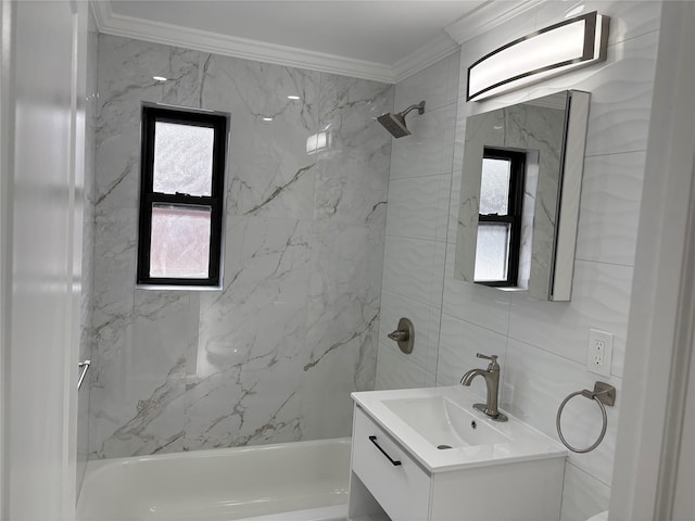 bathroom with vanity, crown molding, a wealth of natural light, and bathing tub / shower combination