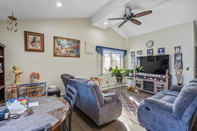 living room with ceiling fan, dark hardwood / wood-style floors, vaulted ceiling, and a baseboard radiator