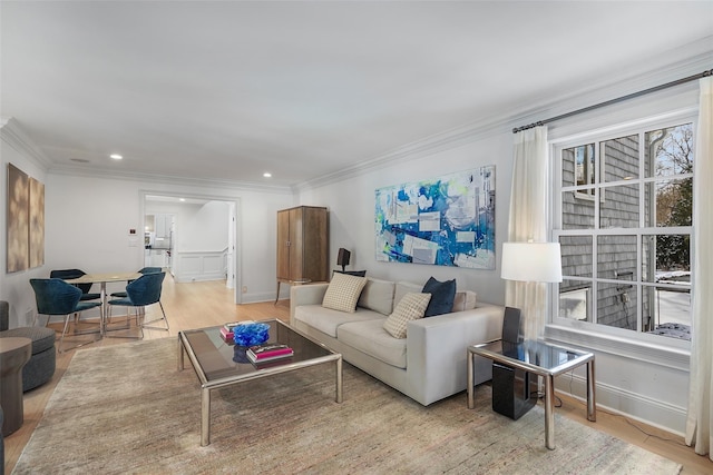 living room featuring crown molding and light hardwood / wood-style flooring