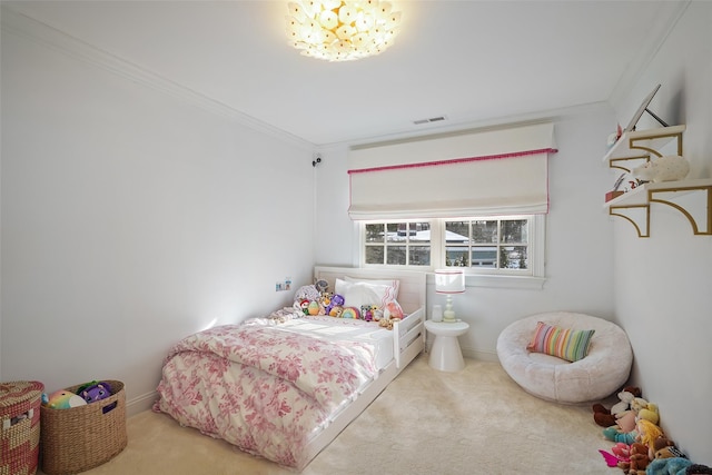 bedroom featuring light colored carpet and ornamental molding