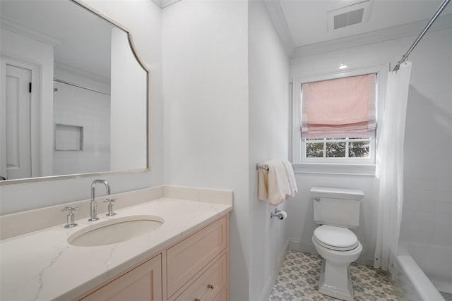 full bathroom featuring shower / bath combination with curtain, ornamental molding, vanity, and toilet