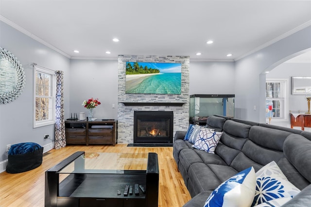 living room with wood-type flooring, a stone fireplace, and ornamental molding