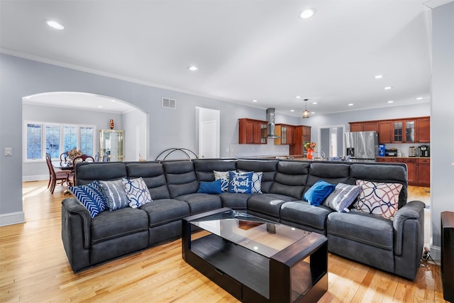 living room featuring crown molding and light wood-type flooring