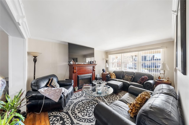 living room with crown molding and hardwood / wood-style floors