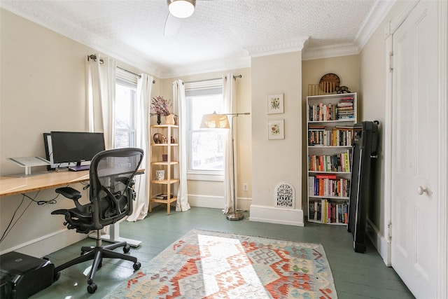 office space featuring crown molding and a textured ceiling