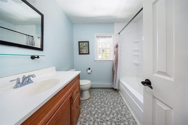 bathroom with baseboards, toilet, shower / tub combo with curtain, tile patterned floors, and vanity