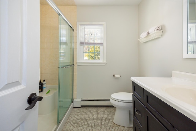 full bath with toilet, a stall shower, a baseboard heating unit, and vanity