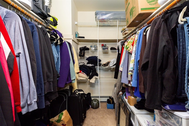 spacious closet with carpet flooring and baseboard heating