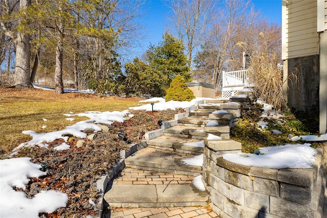 yard covered in snow with stairs