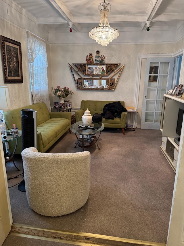 carpeted living room with beamed ceiling, coffered ceiling, and an inviting chandelier