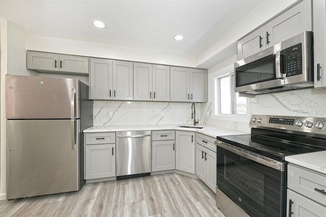 kitchen featuring sink, gray cabinets, appliances with stainless steel finishes, backsplash, and light hardwood / wood-style floors